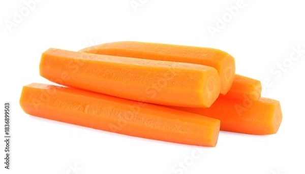 Fototapeta Close-up shot of several bright orange carrot sticks piled slightly atop one another against a stark white backdrop