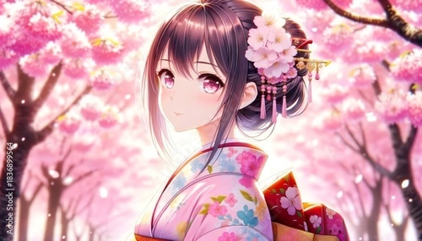Obraz 花柄の着物と髪飾りが華やかな和服美人の若い女性と桜の背景。日本の春イメージ。