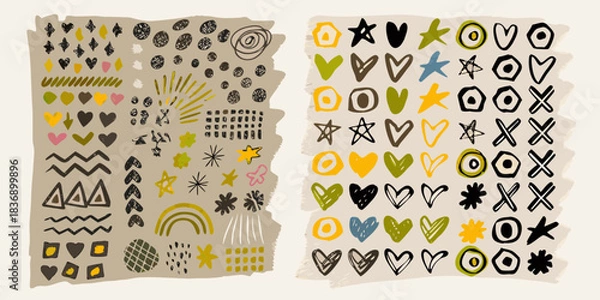 Fototapeta Collection of hand drawn abstract shapes hearts stars circles and geometric elements in earthy tones