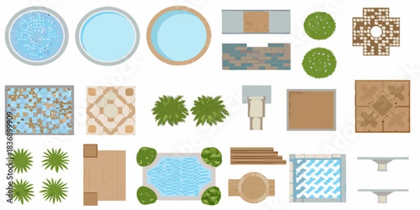 Fototapeta Collection of top down view outdoor elements for landscape design and architectural visualization