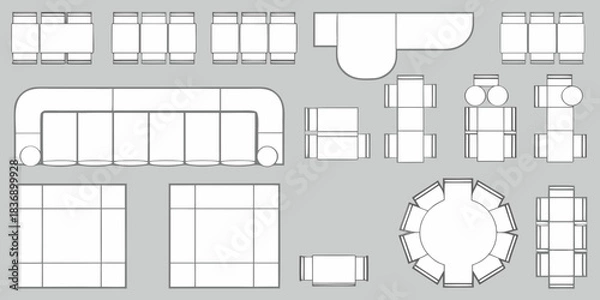 Fototapeta Top view blueprint collection of various modern furniture arrangements for living room and lounge spaces