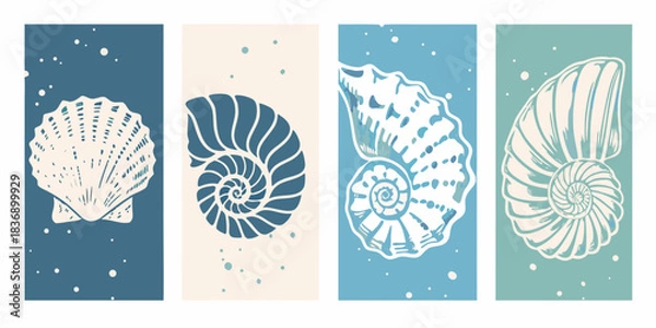 Fototapeta Set of four vertical abstract seashell illustrations in calming coastal color palette