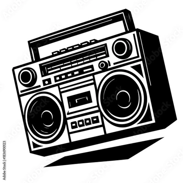 Fototapeta Old-school ghetto blaster, black and white clean vector style, tilted action pose