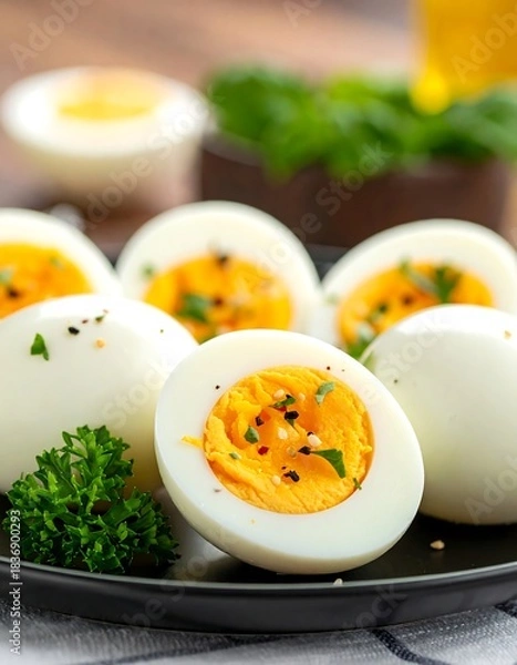 Fototapeta Close-up shot of several cooked eggs on a black plate, garnished with pepper and green herbs, with blurred background