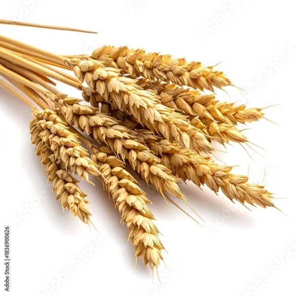 Fototapeta Close-up shot of several dried golden wheat stalks, showcasing detailed texture and a simple white background. The ears are fully ripened