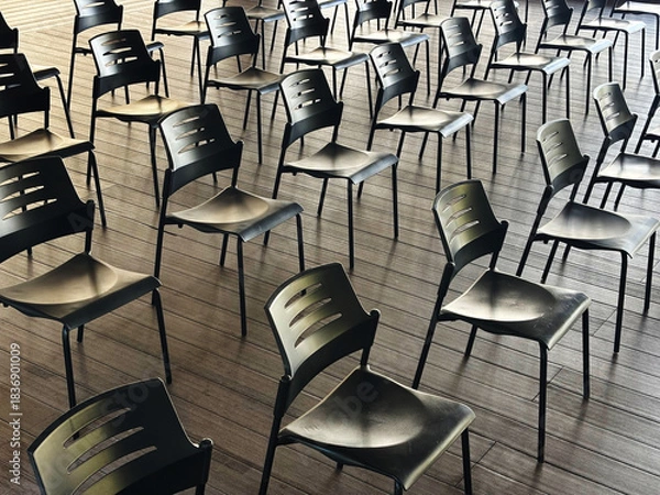 Fototapeta Empty black chairs arranged on a wooden floor in a spacious, well-lit room, creating a pattern of lines and shadows, evoking a sense of readiness for an event or meeting