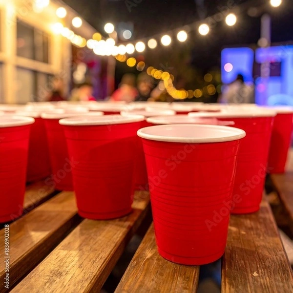 Fototapeta Close-up shot of several red plastic cups arranged on a wooden table outdoors, night ambiance with soft lighting, and blurred figures