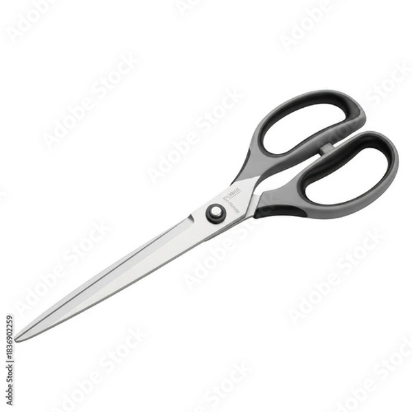 Fototapeta Modern sharp grey and black handled utility scissors isolated