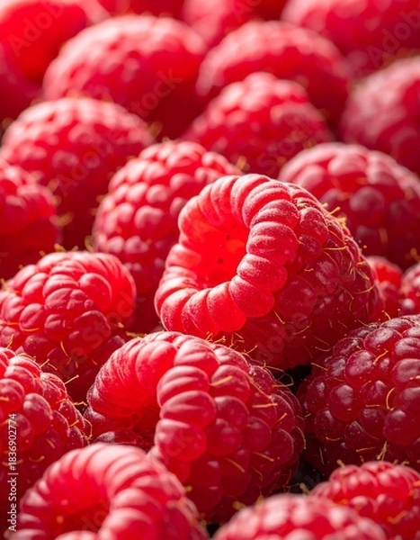 Fototapeta Close-up shot of several vibrant red berries, tightly packed together, showcasing detailed textures and subtle shadows. The focus is on the rich color