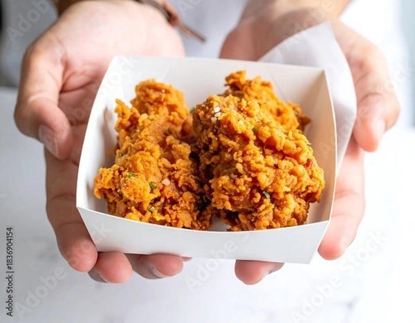Fototapeta Close-up shot of two crispy pieces of fried food in a white paper container held by human hands. Food rests on white paper