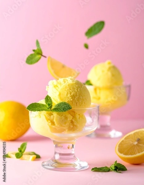 Fototapeta Close-up shot of two glass dessert bowls filled with bright yellow frozen treat, garnished with mint, and lemon wedges, on a pink surface
