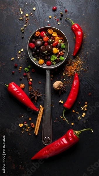 Fototapeta Close-up shot of various spices & chili peppers around a ladle filled with mixed ingredients on a dark, textured surface