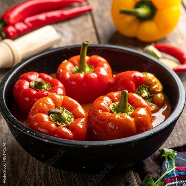Fototapeta Close-up shot showcasing stuffed red peppers swimming in a rich, savory sauce, prepared on a wooden surface with additional ingredients
