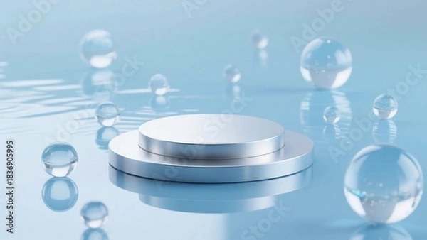 Obraz A double-decker silver circular display stand with a modern and high-tech transparent bubble background.