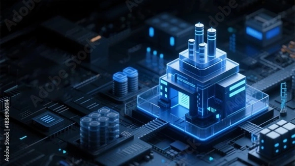 Obraz Blue UI design, a high-tech data factory, surrounded by complex data fields