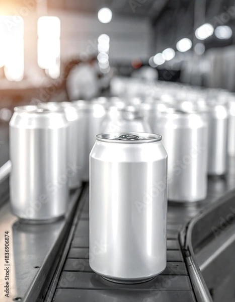 Fototapeta Close-up showcases a line of metallic beverage containers moving along an industrial conveyor belt within a large facility