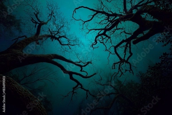 Obraz Dark forest with twisted branches at night