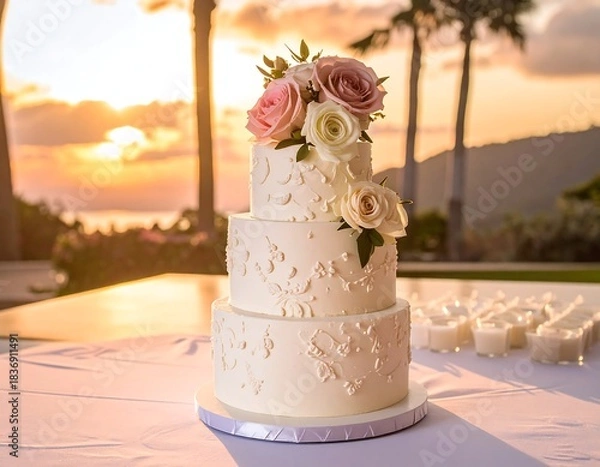 Obraz Three-tiered white cake with flowers, set on a table at sunset