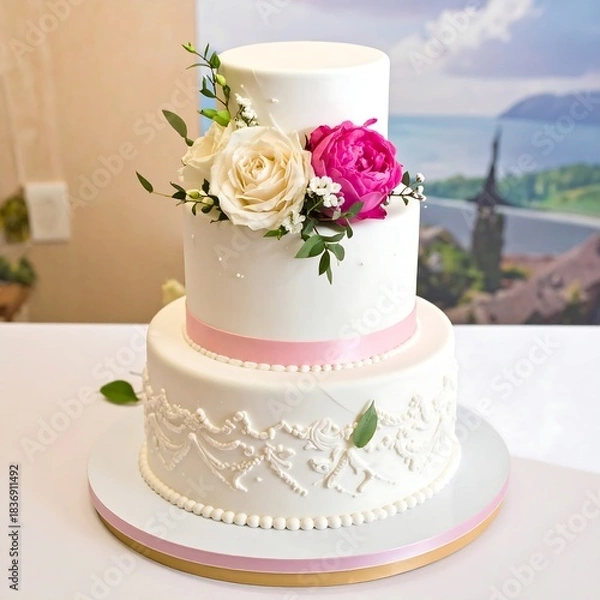 Obraz Three-tiered white cake with pink ribbon and flower arrangement