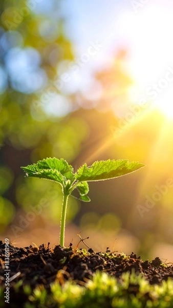 Obraz Tiny plant sprout basking in sun, earth against a blurred background