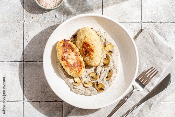 Fototapeta cutlets with mushroom puree and champignons