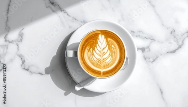 Obraz Top-down shot of a latte art coffee cup on a marble surface