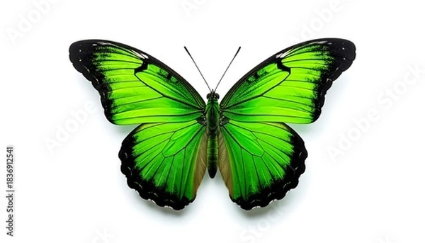 Obraz Top-down view of a bright green butterfly on a clean white backdrop