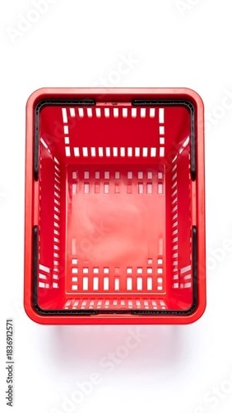 Obraz Top-down view of a bright red, empty, plastic shopping basket