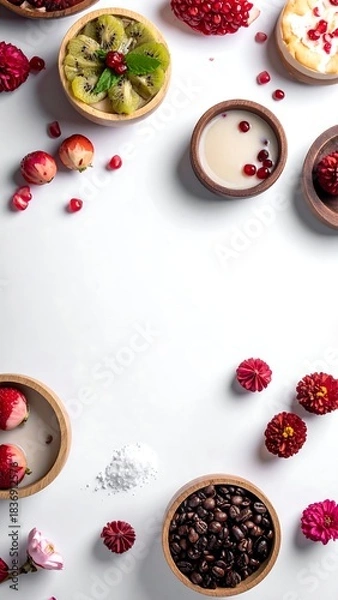 Obraz Top-down shot of various fruits and desserts in wooden bowls
