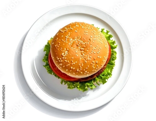 Obraz Top-down view of a classic burger on a white plate, isolated