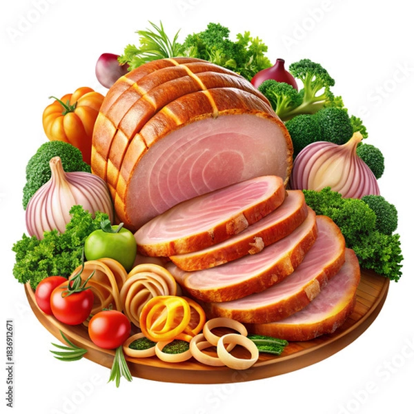 Fototapeta Honey glazed sliced ham with fresh vegetables shown in a detailed food presentation image