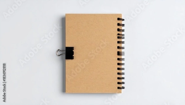 Obraz Top-down view of a small, tan spiral-bound notebook and clip