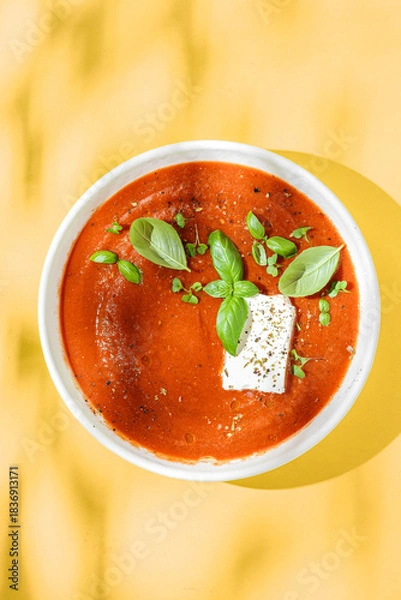Fototapeta tomato soup with feta and basil