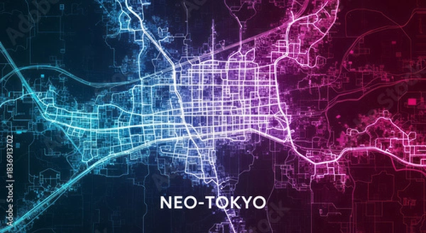 Obraz Vibrant neon city map lights up the future of Neo-Tokyo