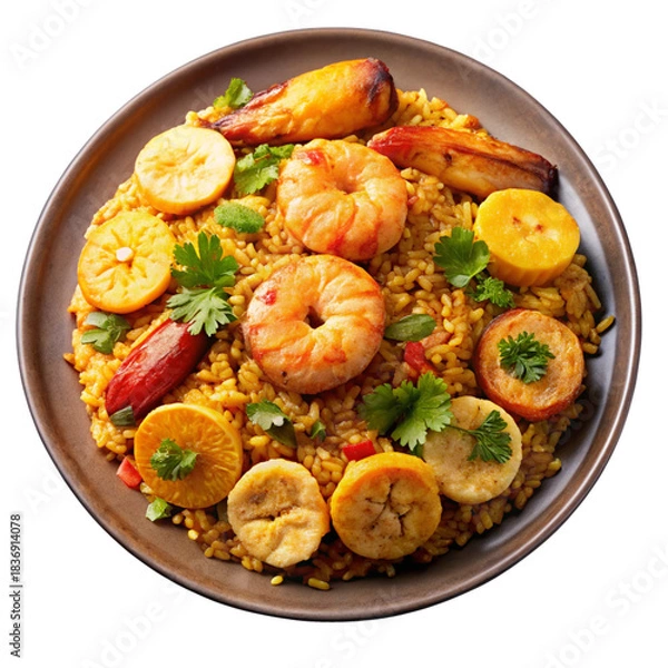 Fototapeta Seasoned rice with shrimp plantains vegetables and herbs shown in a vibrant appetizing image