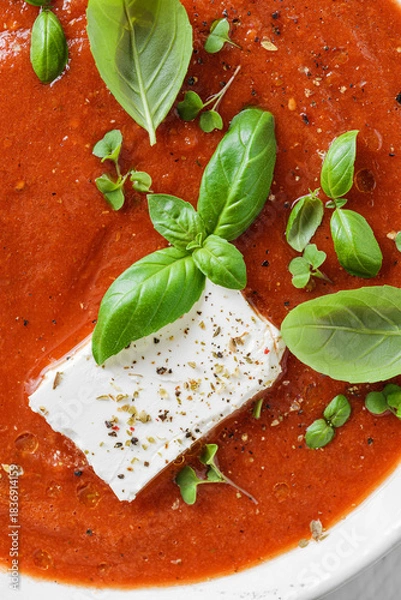 Fototapeta tomato soup with feta and basil