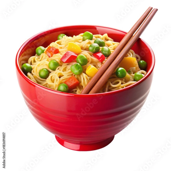 Fototapeta Red bowl filled with cooked noodles vegetables and chopsticks in a vibrant close up image