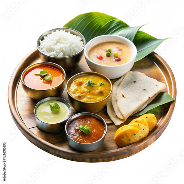 Fototapeta South Indian thali with rice curries chutneys and flatbreads in a classic flavorful spread image