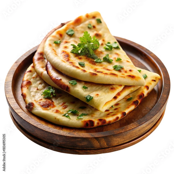 Fototapeta Stacked folded naan bread garnished with fresh herbs in a simple appetizing presentation image