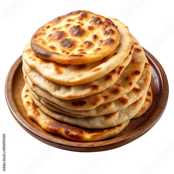 Fototapeta Soft golden flatbreads stacked neatly on a wooden plate in a warm rustic meal arrangement image