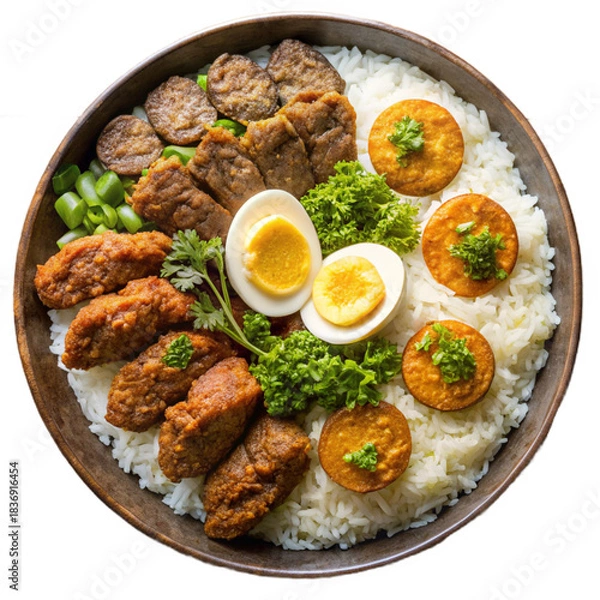 Fototapeta Traditional rice dish with fried eggs meat and herbs arranged in a hearty bowl presentation image