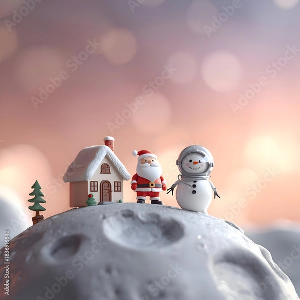 Fototapeta Miniature Christmas scene with festive holiday background. fantasy space adventure unfolds for Santa and snowman celebrating on moon creating whimsical greeting. Cute 3d 