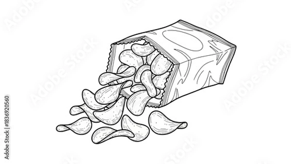 Obraz “Open Chips Packet Line Art Icon – Hand-Drawn Snack Vector Illustration”