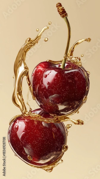 Obraz Cherries dripping golden liquid — macro gourmet fruit on light background
