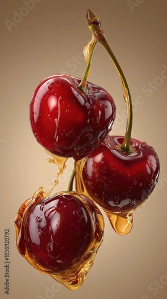 Obraz Cherries dripping golden liquid — macro gourmet fruit on light background