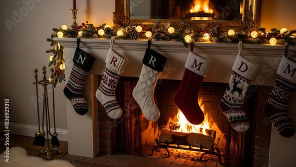 Fototapeta Assorted Christmas stockings hanging on a fireplace with a fire burning inside and decorated with lights and a garland on top.