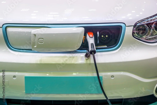 Fototapeta Close up of the Hybrid car electric charger station with power supply plugged into an electric car being charged.