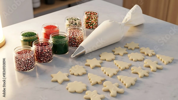 Fototapeta Cookie dough on a wooden table with a rolling pin, surrounded by spices like cinnamon sticks and star anise, indicating preparation for Christmas baking.