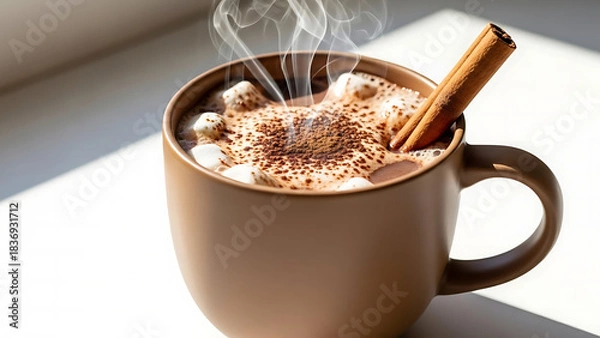 Fototapeta Close-up of a steaming cup of hot chocolate with mini marshmallows, cocoa powder, and a cinnamon stick on top, illuminated by bright sunlight.