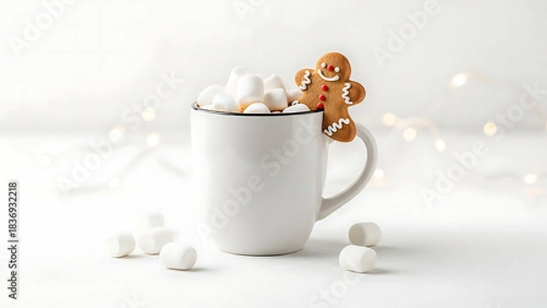 Fototapeta A white mug full of marshmallows, with a gingerbread man cookie hooked on the rim, against a clean white background and blurred bokeh lights.